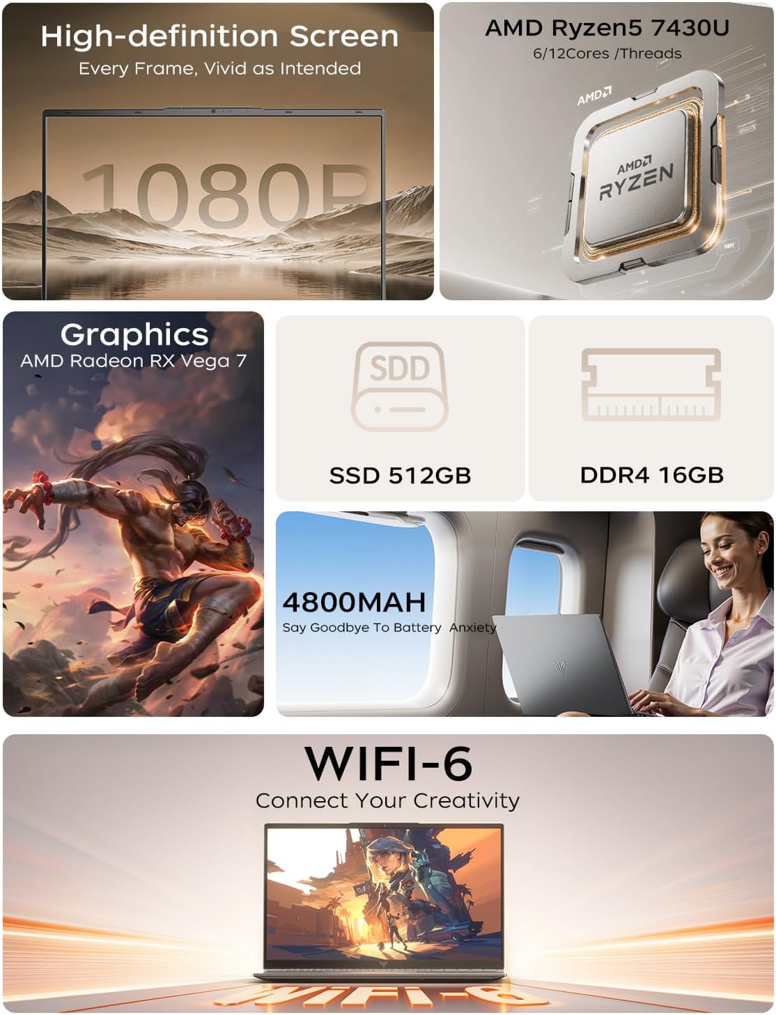 Thumbnail 1 de KAIGERR Light Gaming Laptop (2026) with AMD Ryzen 5 7430U, 16GB RAM, 512GB NVMe, 15.6-inch IPS, WiFi 6