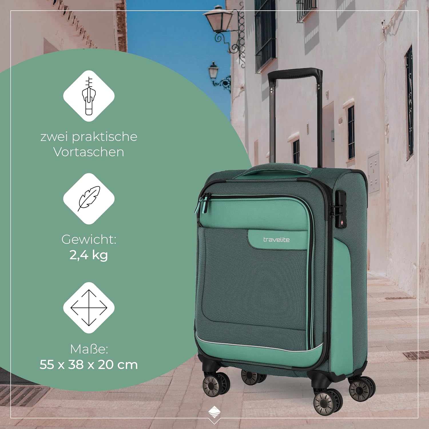 Detalle de Travelite VIIA 55 cm Weichschale Handgepäck-Koffer 34 L – recyceltes Polyester, IATA-Norm