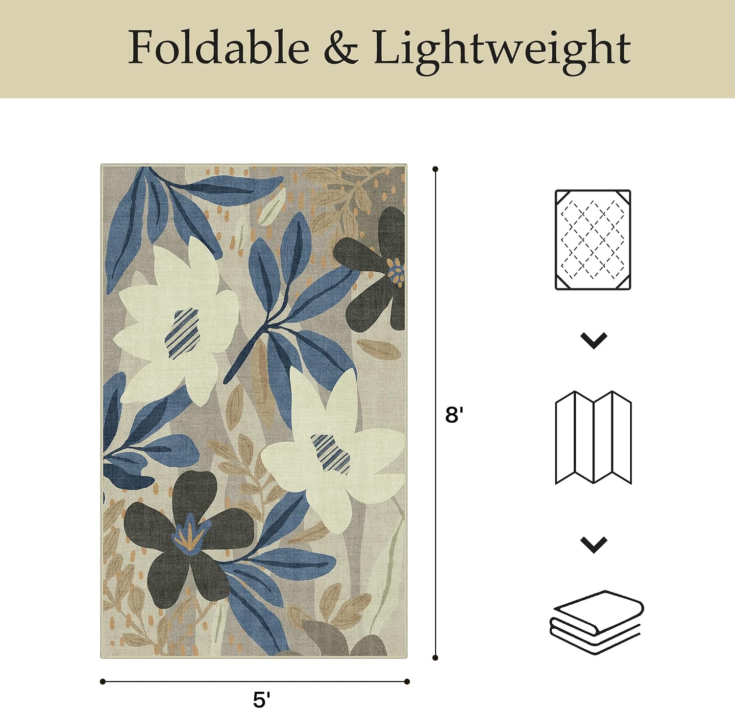Detalle 2 de GENIMO 5 x 8 Outdoor Rug, Washable Floral Rug in Navy and Cream