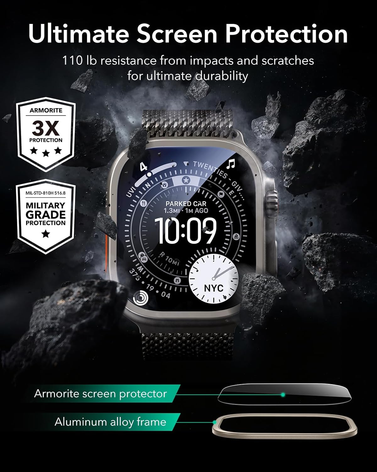 Thumbnail 3 de ESR lot de 2 protections d’écran Armorite pour Apple Watch Ultra 3/2/1 (49 mm) – verre trempé bord à bord