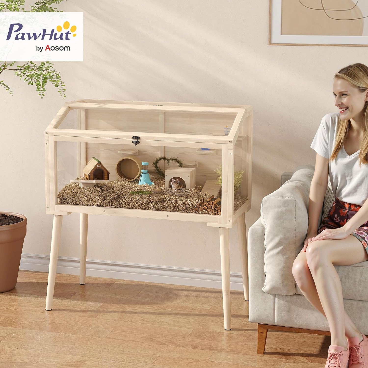 Detalle de PawHut Cage Hamster en bois FSC avec toit ouvrable, 7 plateformes, 2 balançoires et bouteille d’eau (110 x 52 x 101 cm)