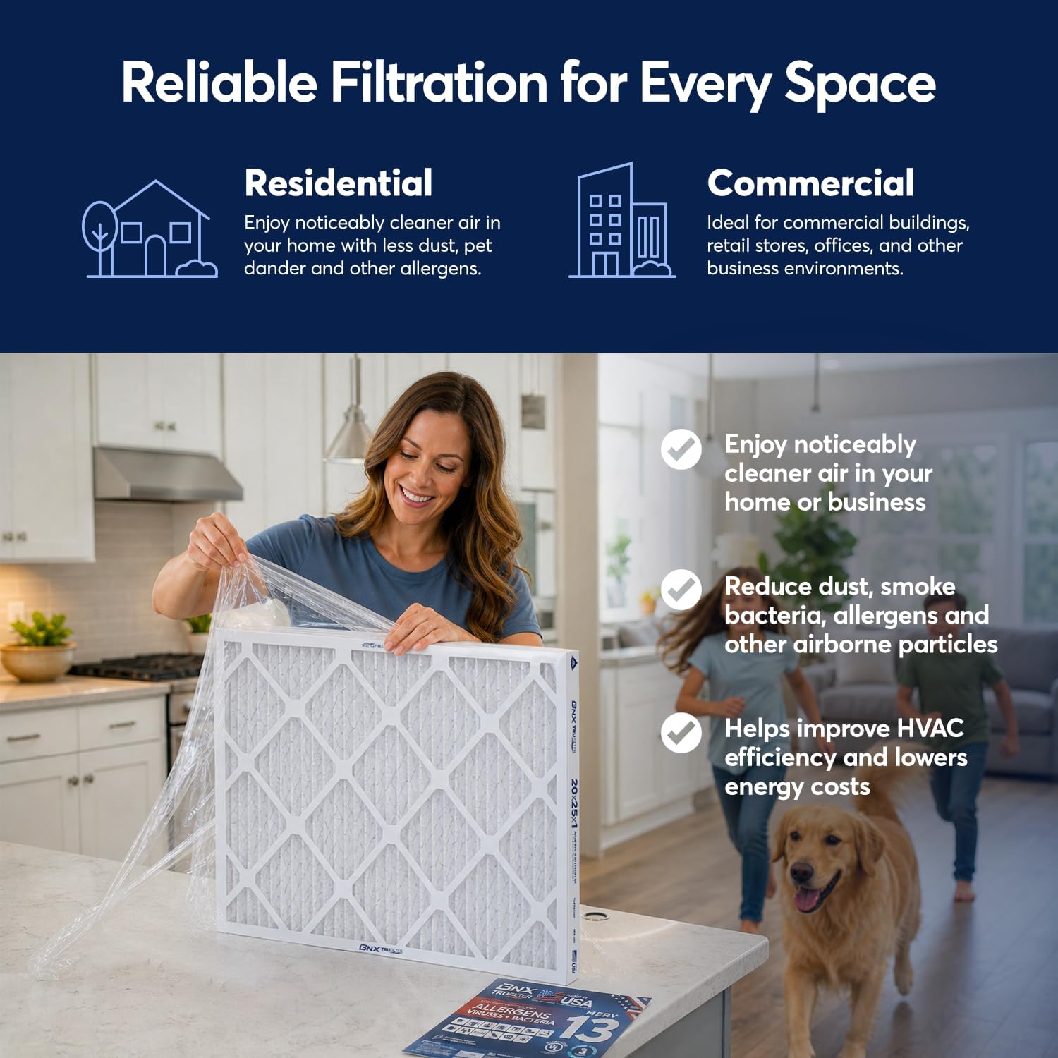 Thumbnail 6 de BNX TruFilter 16x20x1 MERV 13 (6-Pack) — Made in USA, Electrostatic Pleated Air Filter for Allergies