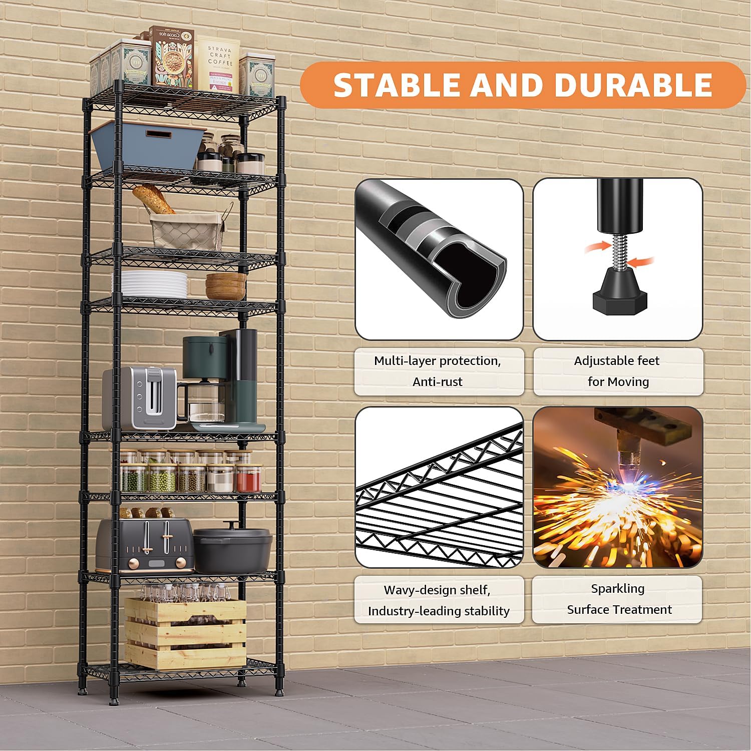 Detalle de M MZG 8 Tier 2000 lbs Storage Rack – Heavy-Duty Metal Wire Shelving (Black), 35 x 60 x 201.8 cm