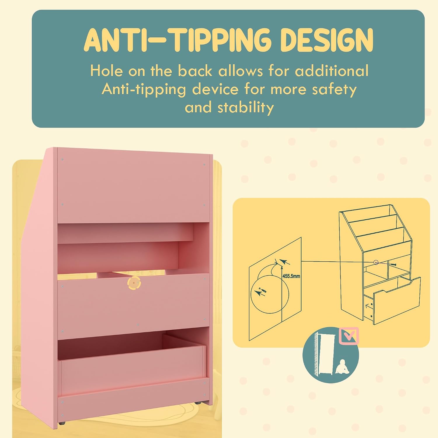 Thumbnail 4 de HOMCOM 311-048V80PK Kids Bookcase, Pink, 3 Shelves and Wheeled Drawer