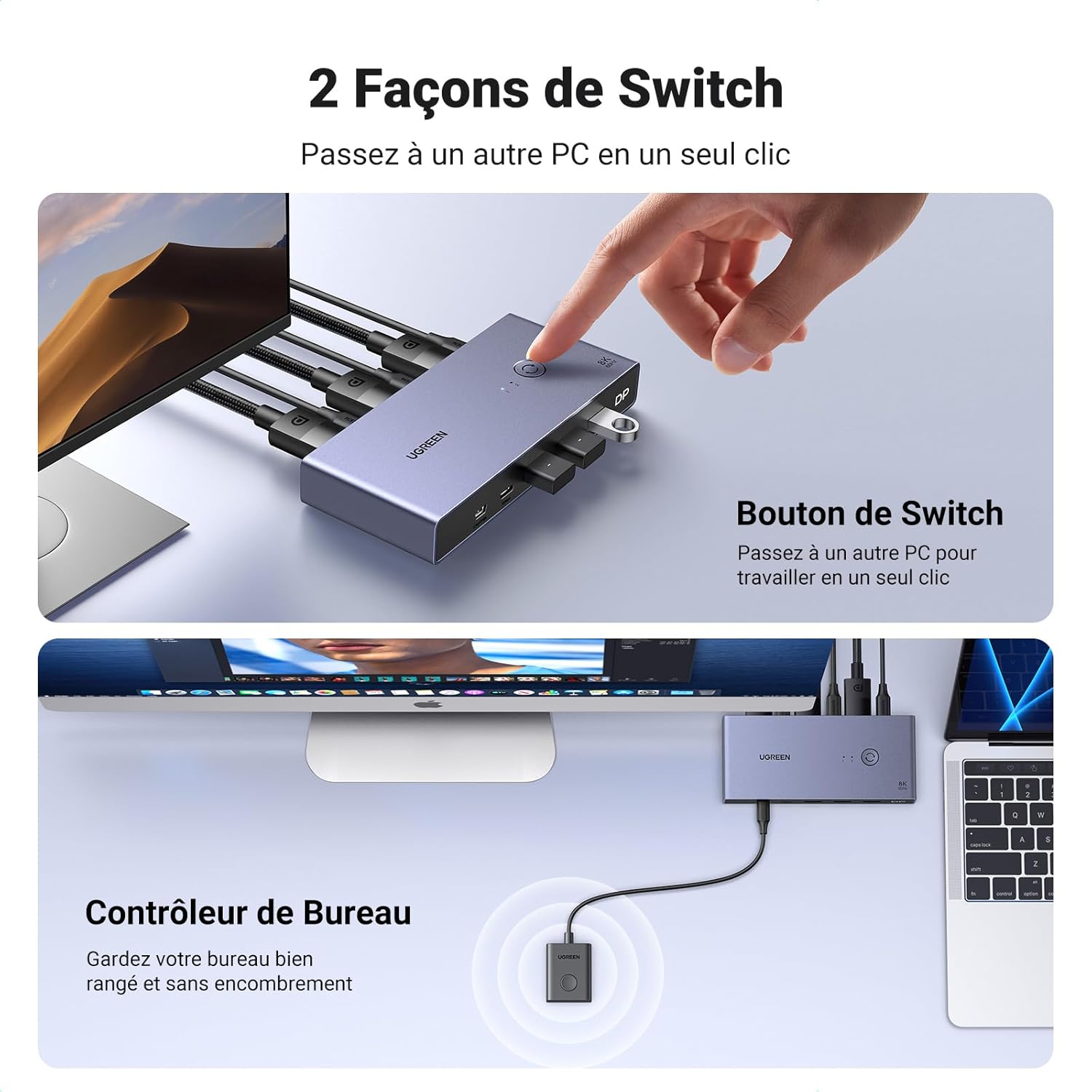 Detalle de UGREEN Switch KVM DisplayPort 8K 60 Hz à 2 entrées (DP 1.4) avec 3 USB-A et 1 USB-C