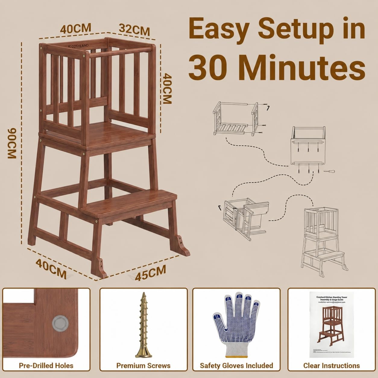 Detalle de COSYLAND Toddler Standing Tower for Kitchen – Wooden Learning Stool in Brown
