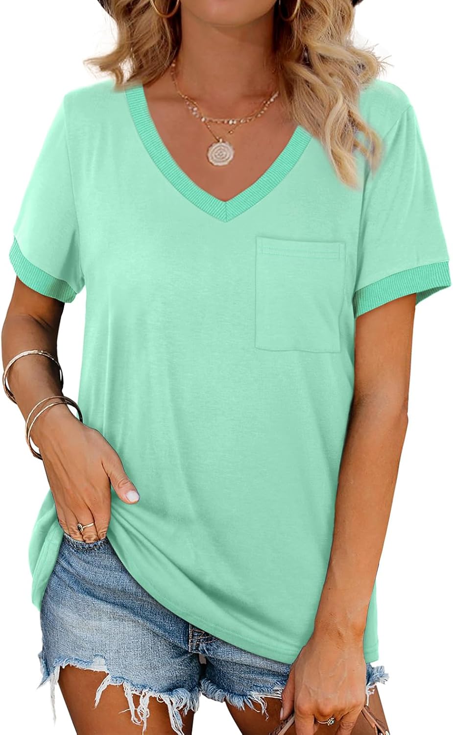 Thumbnail 4 de Geifa Women's Short Sleeve V-Neck Loose Casual Summer Top with Pocket