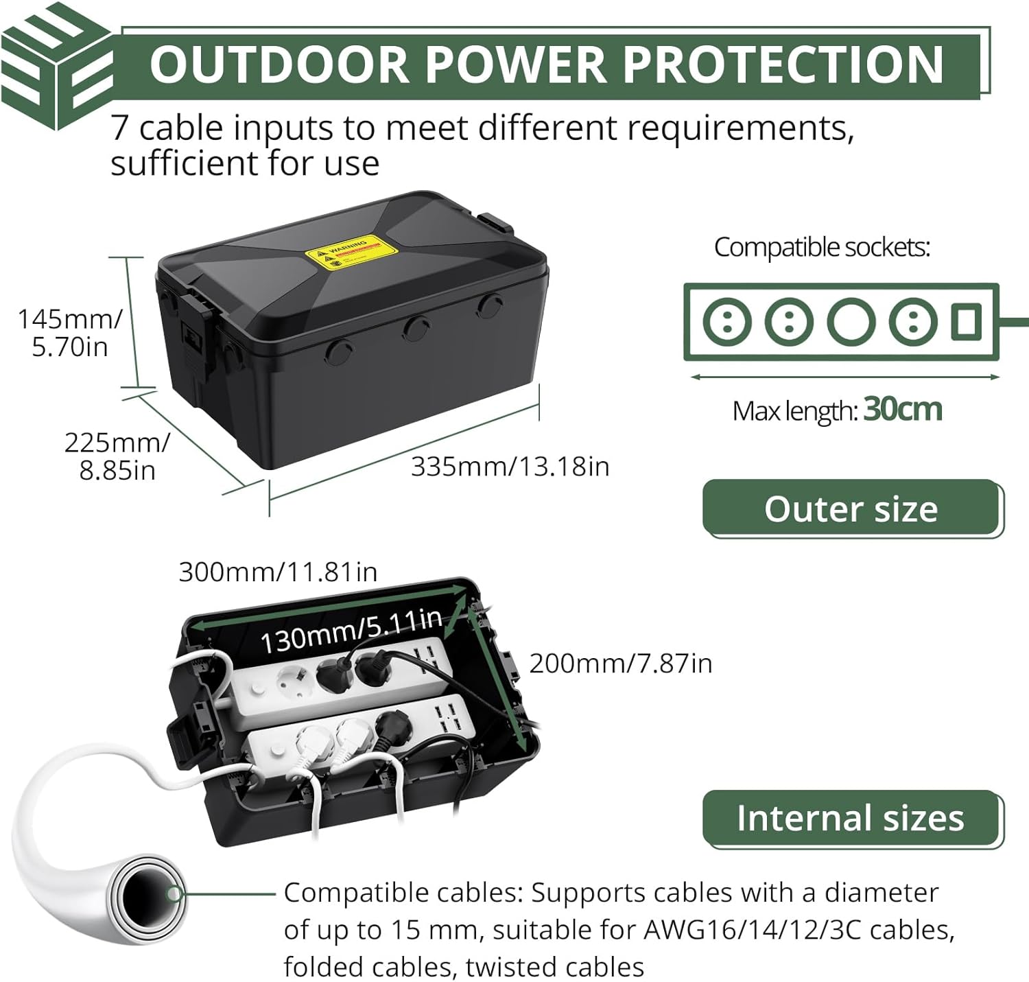 Thumbnail 1 de EYPINS Large Electrical Box (13.18” x 8.85” x 5.7”) – IP54 weatherproof junction box with 7 cable entries