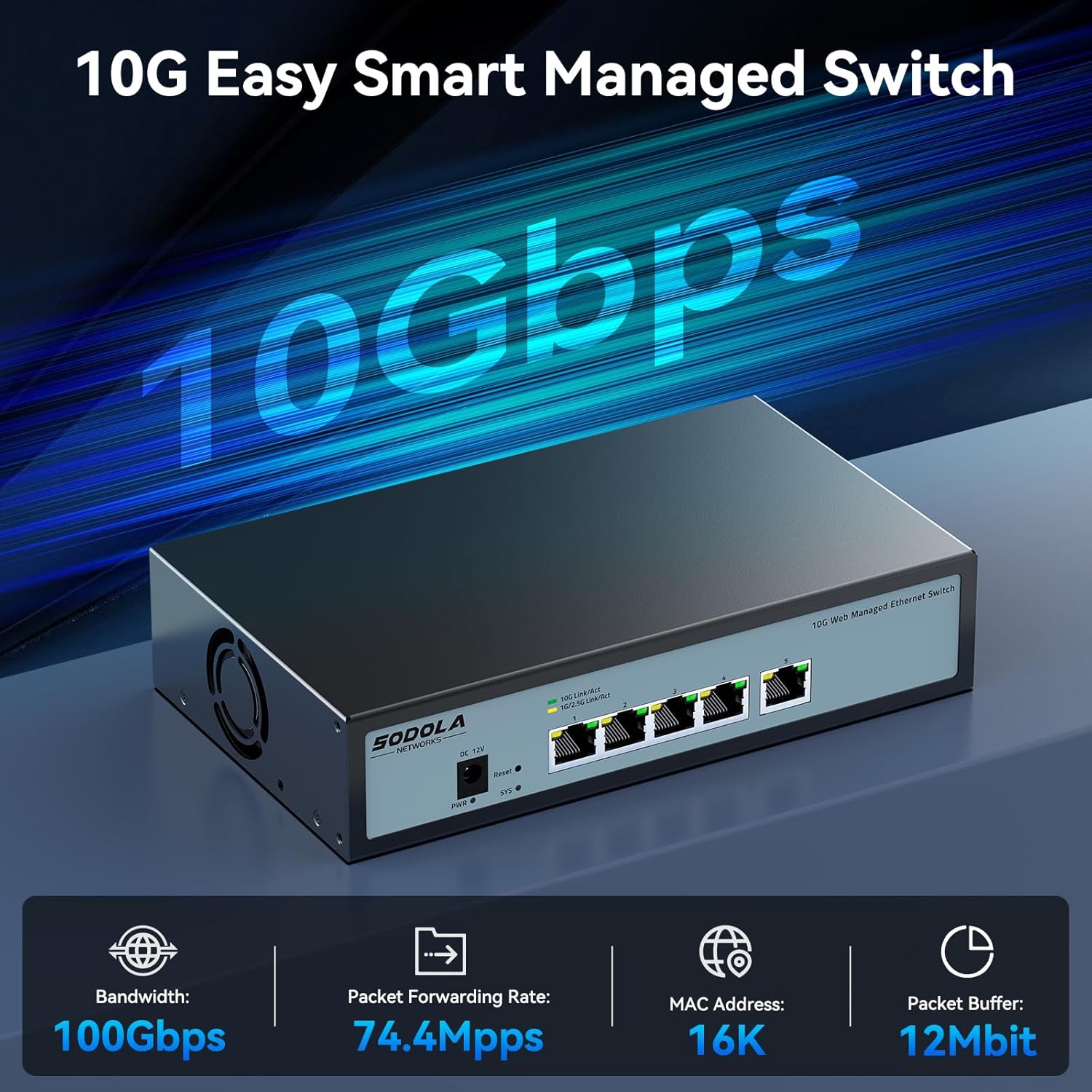 Thumbnail 2 de SODOLA 5-Port 10Gbit Web Managed Switch – 5×10GBase-T, LACP, QoS, VLAN & IGMP