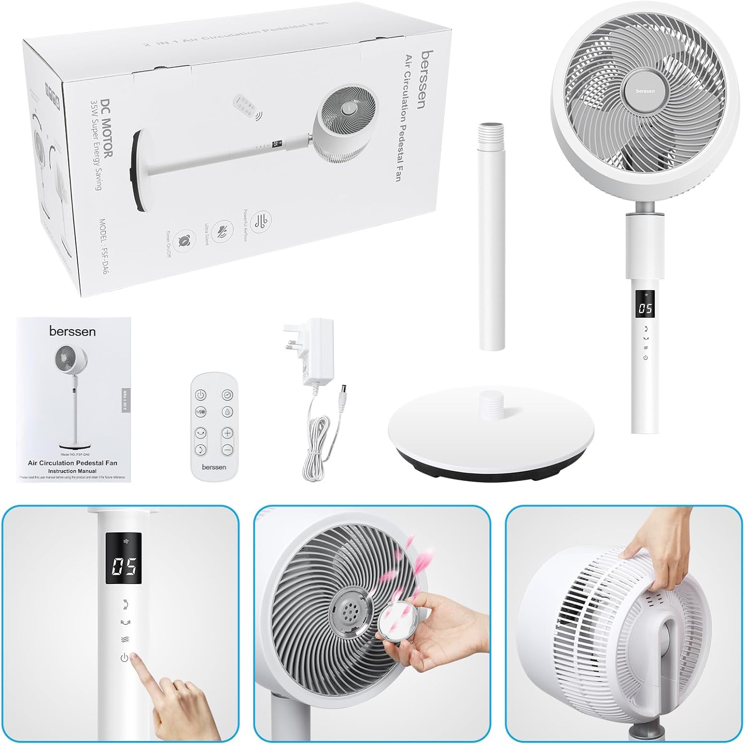 Thumbnail 4 de berssen DC Pedestal Fan: 3D Standing Fan with Remote, 12 Speeds, 100cm/68cm Height, Quiet 25dB