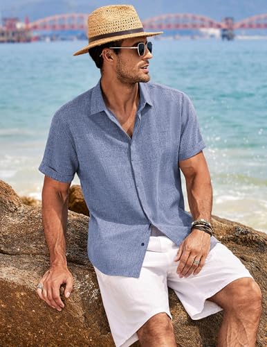 Detalle 2 de COOFANDY Leinenhemd Herren Sommer – Freizeithemd Kurzarm, Tiefes Blau, Regular Fit, Bügelfrei