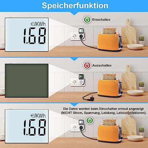 Detalle de MECHEER Stromzähler Steckdose – 8 Modi, Großes LCD, Hintergrundbeleuchtung, Energieverbrauchsmesser
