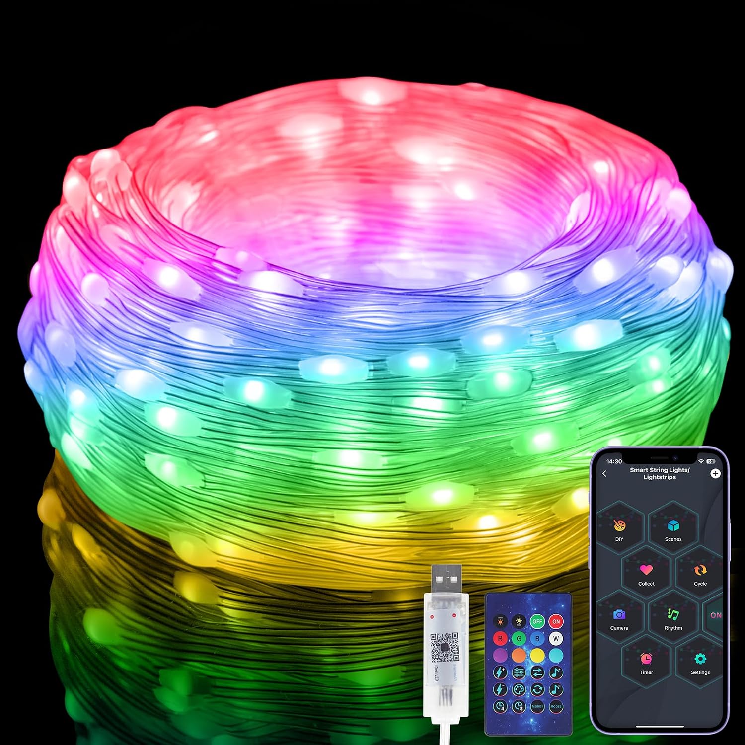 Detalle de Electight DESLA2-5M RGBIC-ljusslinga, 5 m med app, fjärrkontroll och IP65