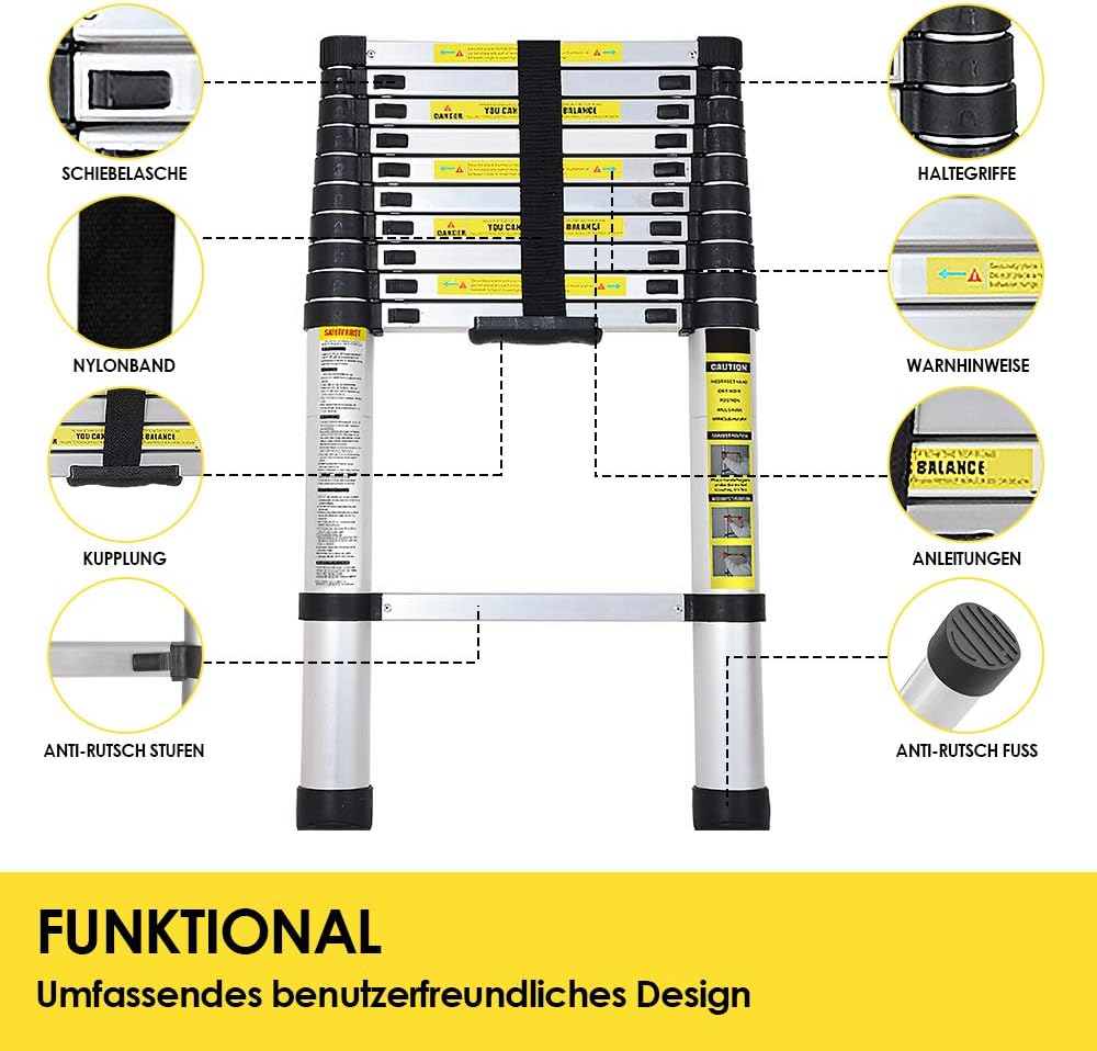Thumbnail 2 de Joparri Aluminium Teleskopleiter (ausziehbar) 3,8 m, 13 Stufen – bis 150 kg