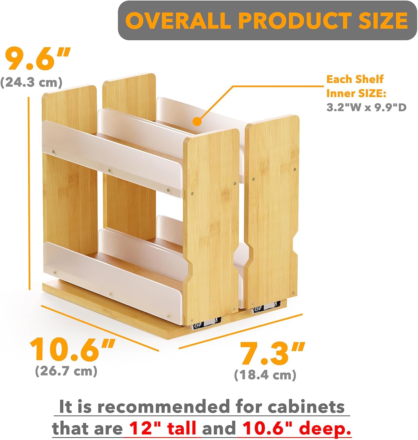 Thumbnail 2 de SpaceAid Bamboo Pull Out Spice Rack Organizer — 2-Tier, 7.3" Wide Heavy-Duty Slide-Out for Cabinets