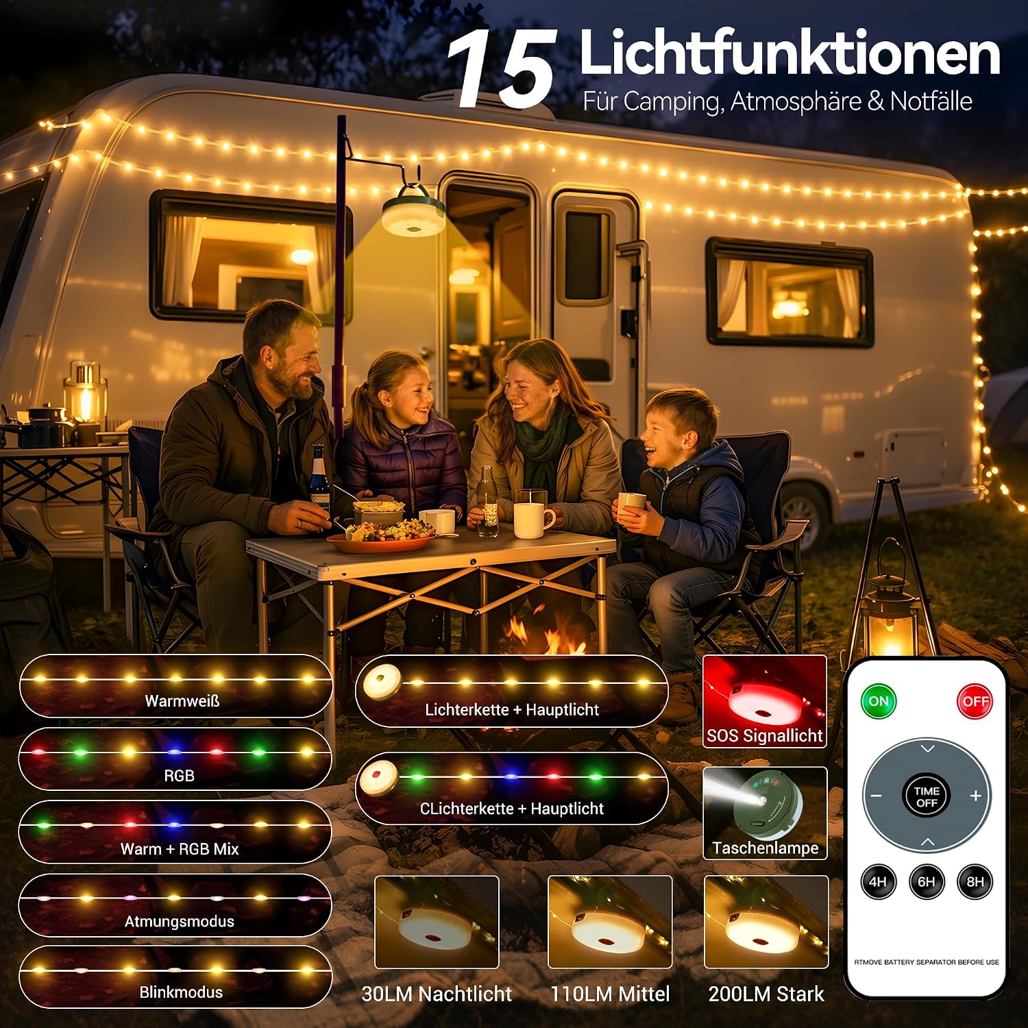 Detalle de Hopexy Camping Lichterkette Aufrollbar 10M LED – 4-in-1 Campinglampe mit Powerbank