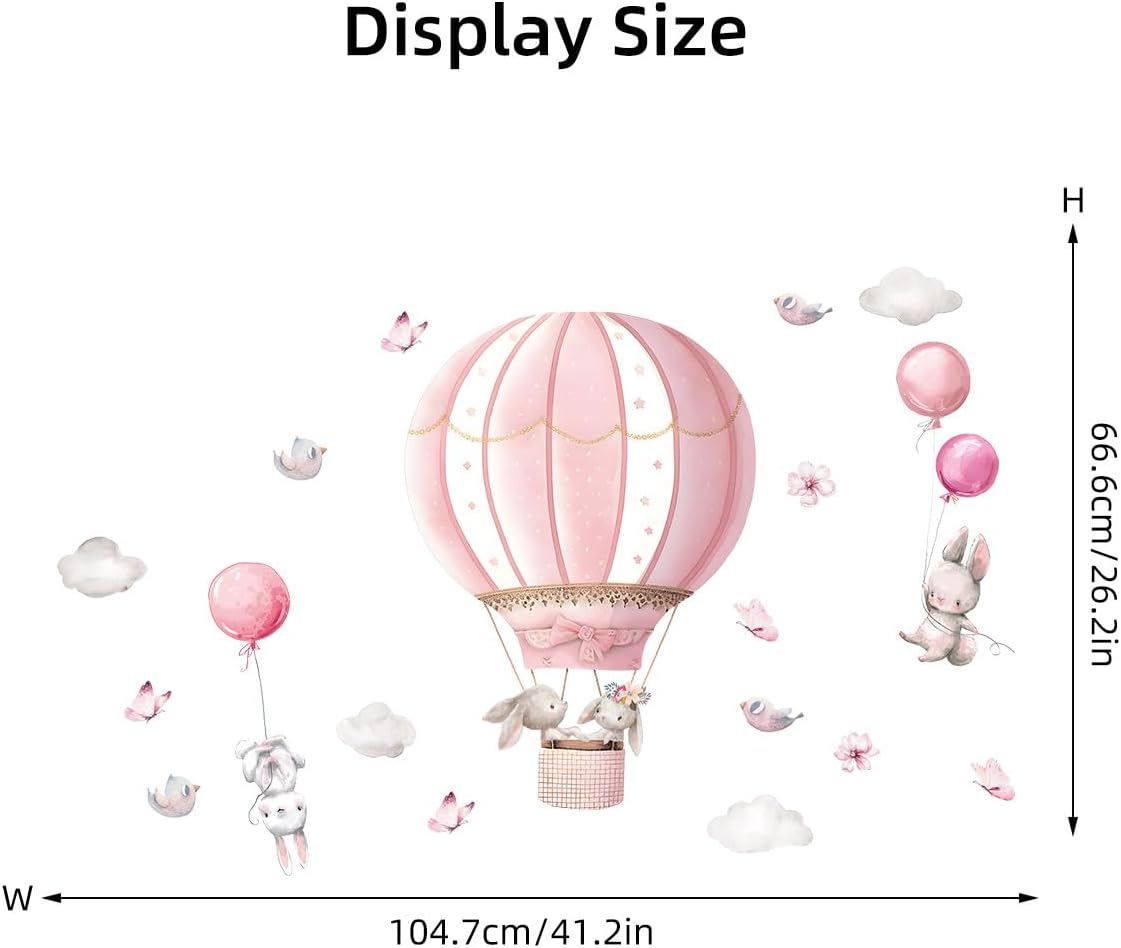 Thumbnail 3 de FUFUQUARE Pink Hot Air Balloon Rabbit Wall Stickers – Removable Decals for Girls' Bedroom