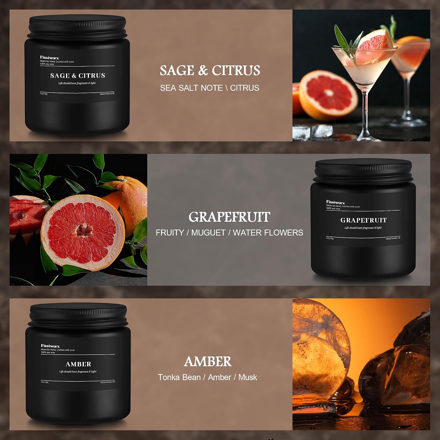 Detalle 2 de 9 Pack Scented Candles Set for Men – Sage & Citrus, Grapefruit & Amber, Soy Wax Gift Box
