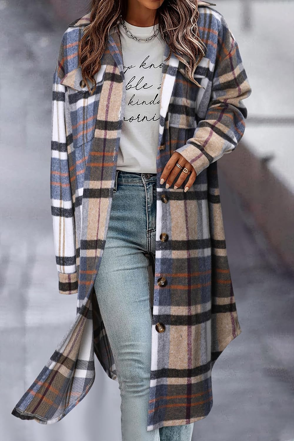 Thumbnail 4 de onlypuff Women's Plaid Long Shacket, Flannel Jacket with Lapel and Button-Down Front
