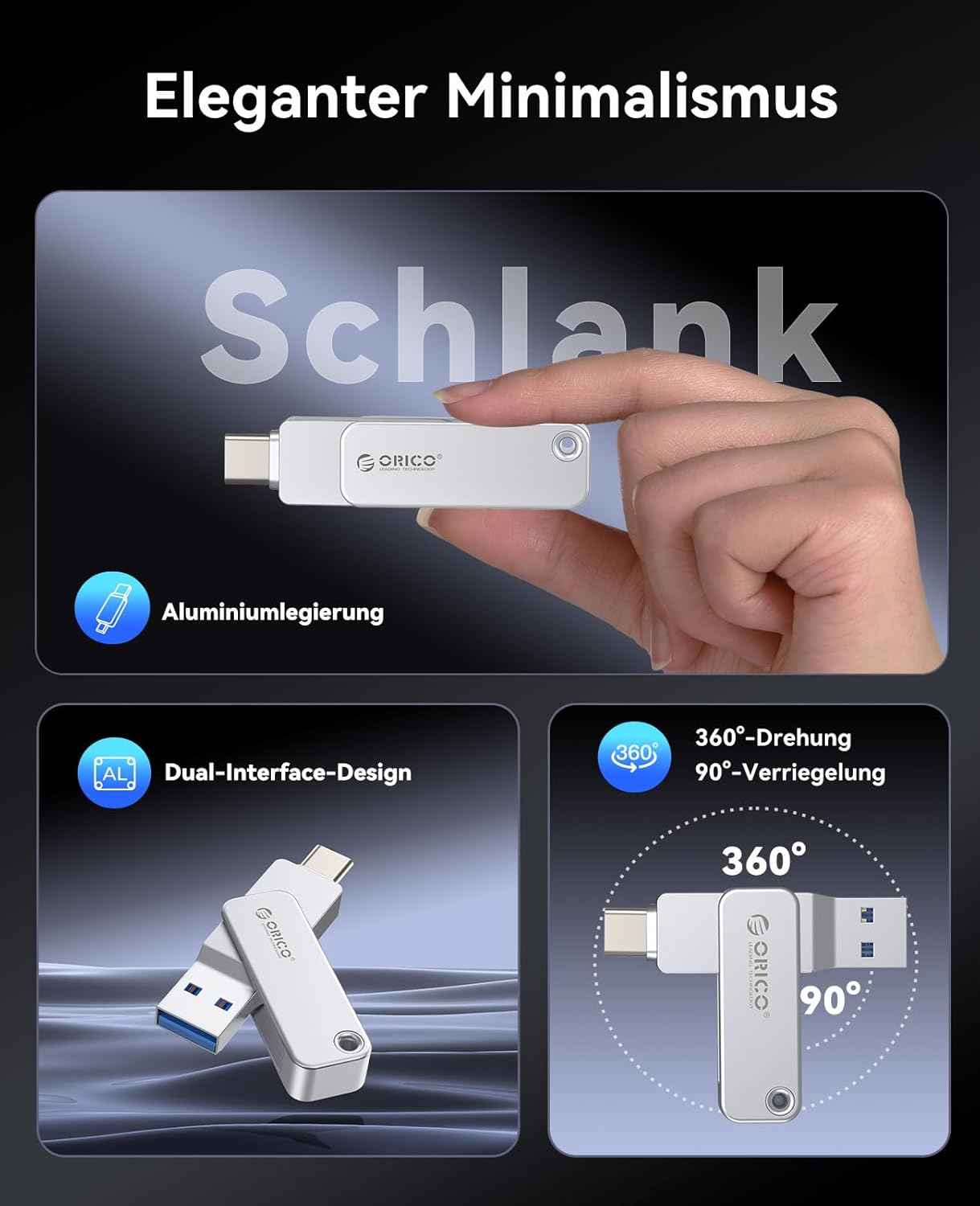 Thumbnail 3 de ORICO USB Stick 64GB USB 3.2 Gen 1 Dual USB‑A & USB‑C – kompaktes, solides Allround‑Laufwerk (EB05)