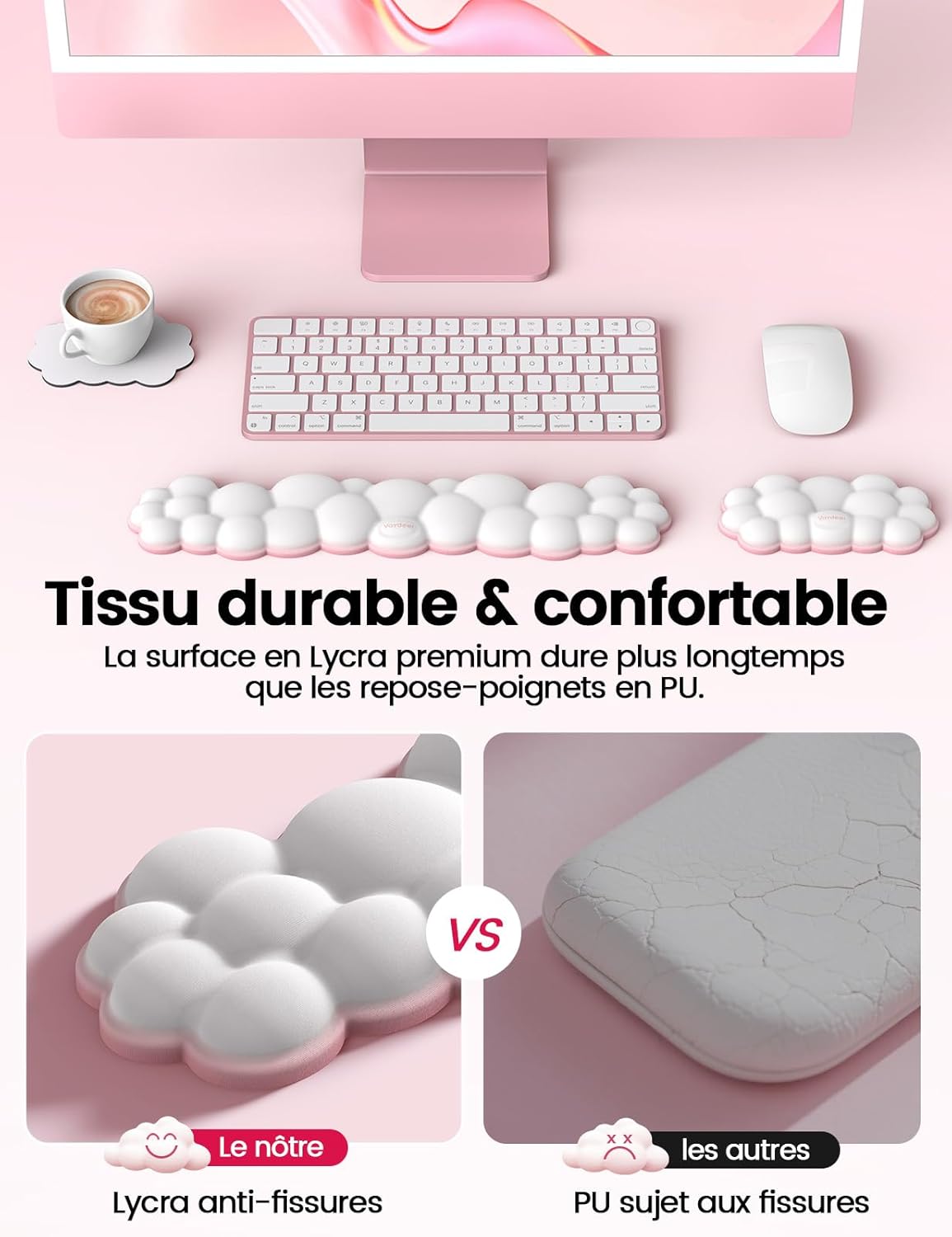 Detalle 2 de VAYDEER Repose-poignet Nuage – coussin ergonomique en mousse à mémoire de forme bicolore blanc & rose