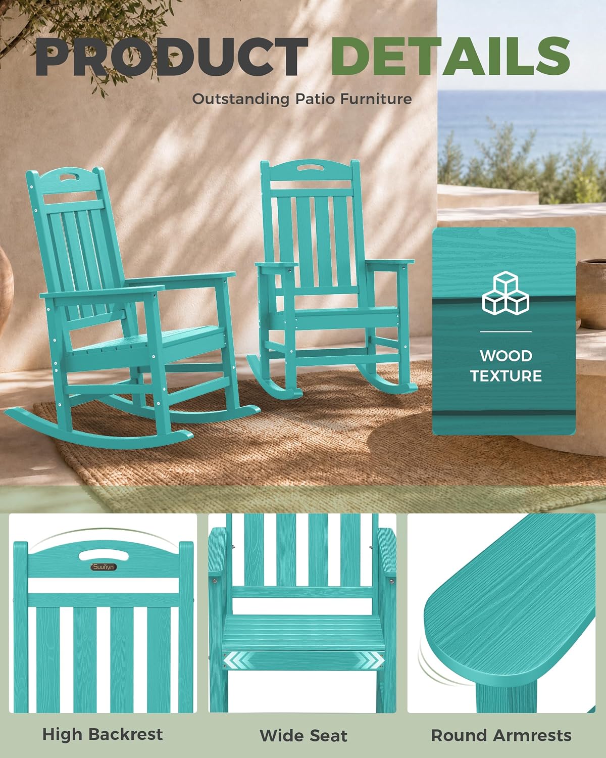 Thumbnail 5 de SUUNYN HDPE Patio Rocking Chair Set of 2, Oversized All-Weather