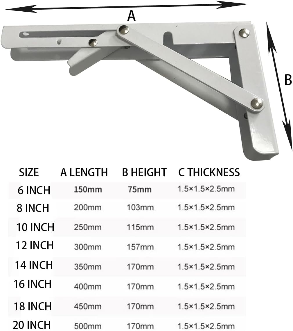 Detalle 1 de MIKMAYTOO 8-Inch Folding Shelf Brackets, White Alloy Steel, 220 lb Max Load (2-Pack)