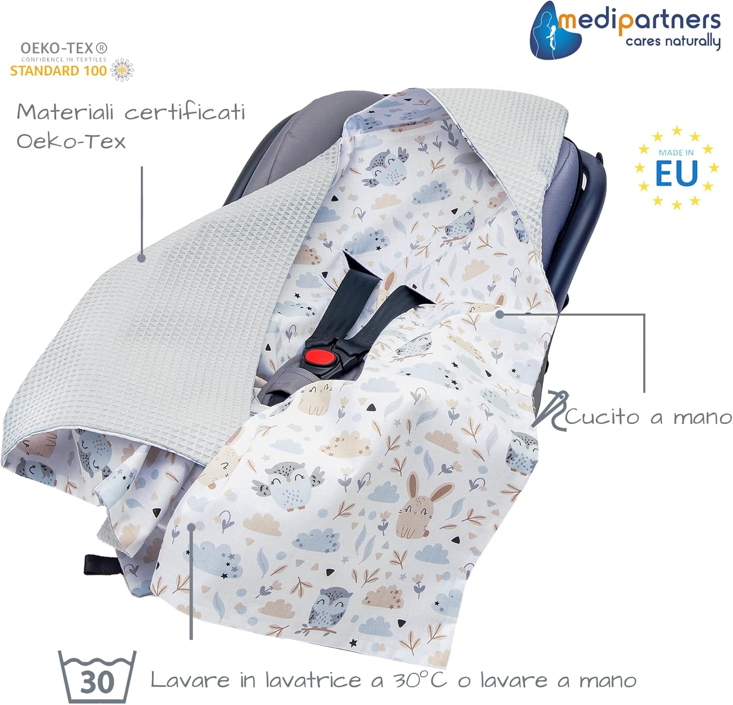 Thumbnail 1 de Medi Partners Coperta neonato ovetto Sacco per Passeggino 85x85 cm in 100% Cotone, fodera protettiva e cappuccio — Waffle Grigia