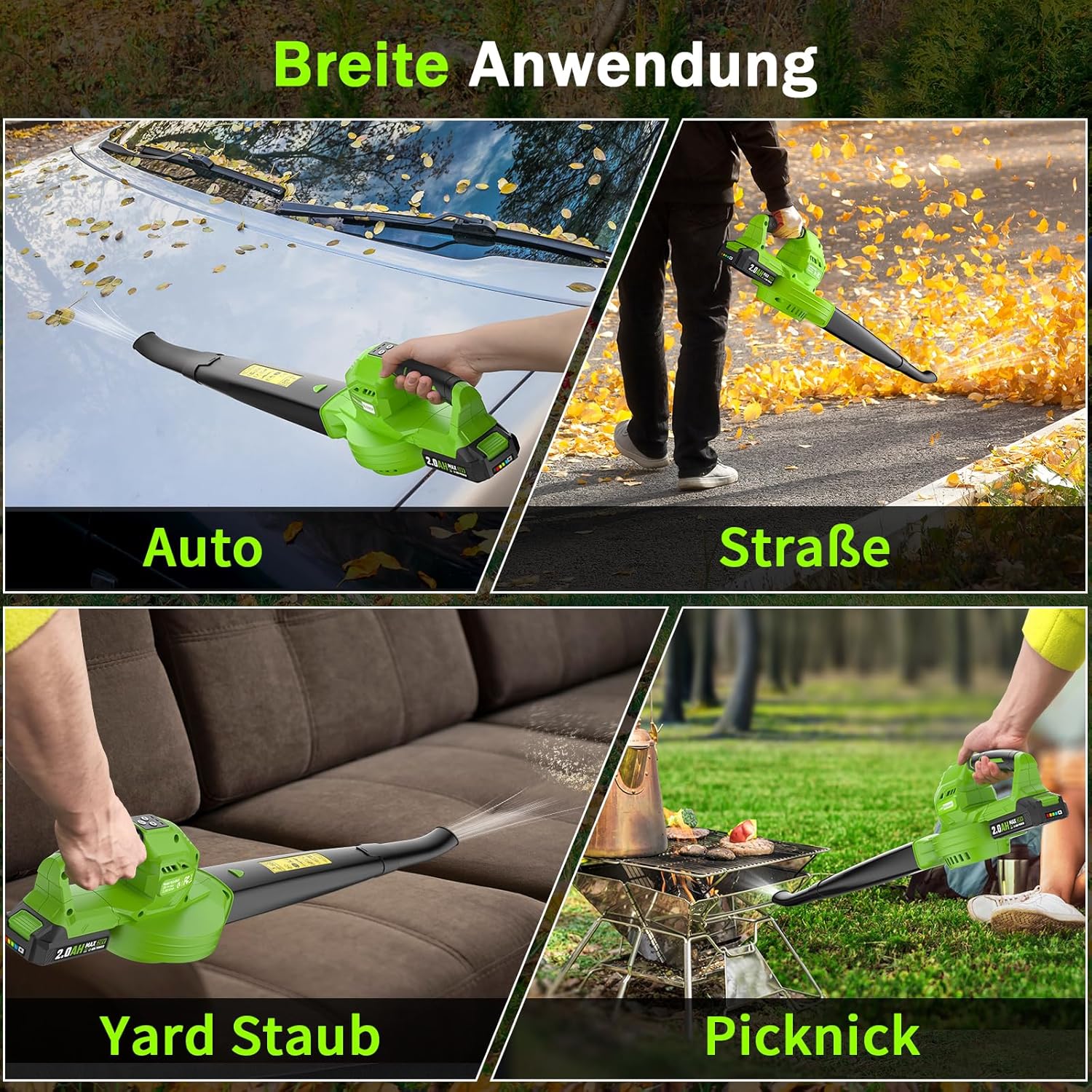 Detalle 2 de Akku-Laubbläser (20 V) mit 2×2,0 Ah Akkus und Ladegerät, 360 m³/h, 3 Gänge