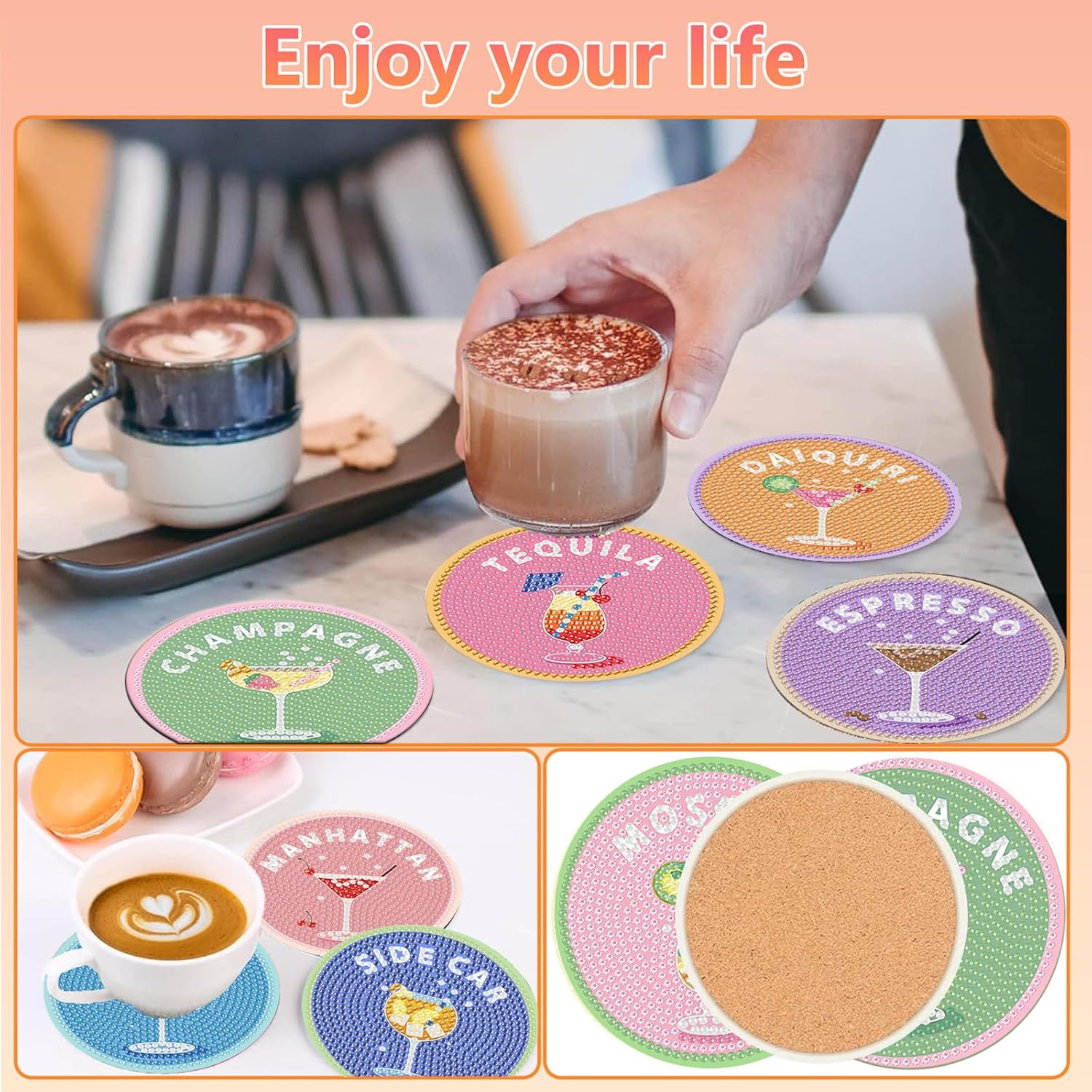 Detalle 2 de hkejoi BDWY205 Cocktail Diamond Art Coaster Kit, 8 Wood Coasters with Stand