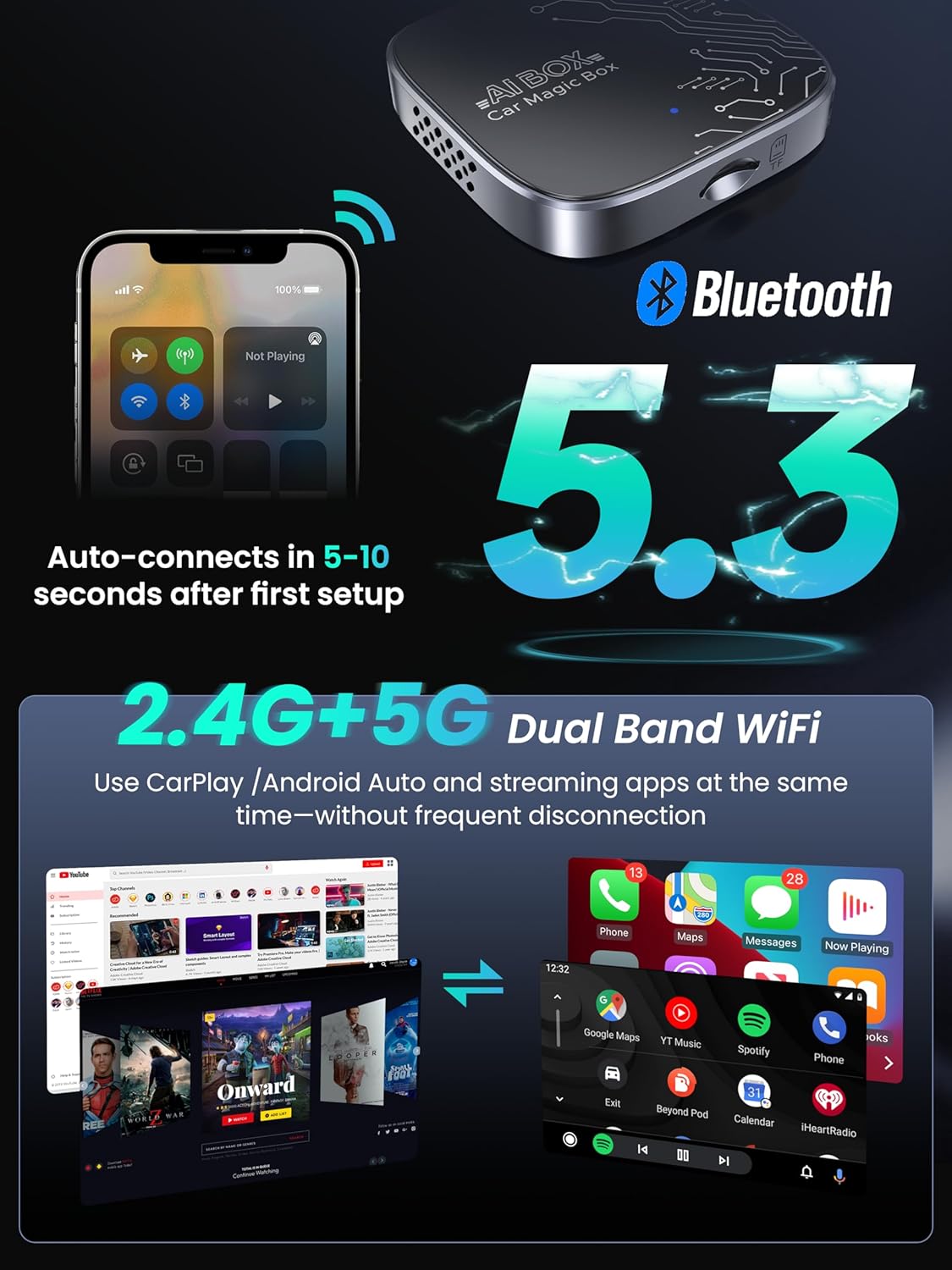Thumbnail 3 de 4-in-1 Wireless CarPlay Adapter (Magic Video AI Box) for Netflix/YouTube/TikTok + TF Card — Dual Band Wi‑Fi, AutoLink Pro