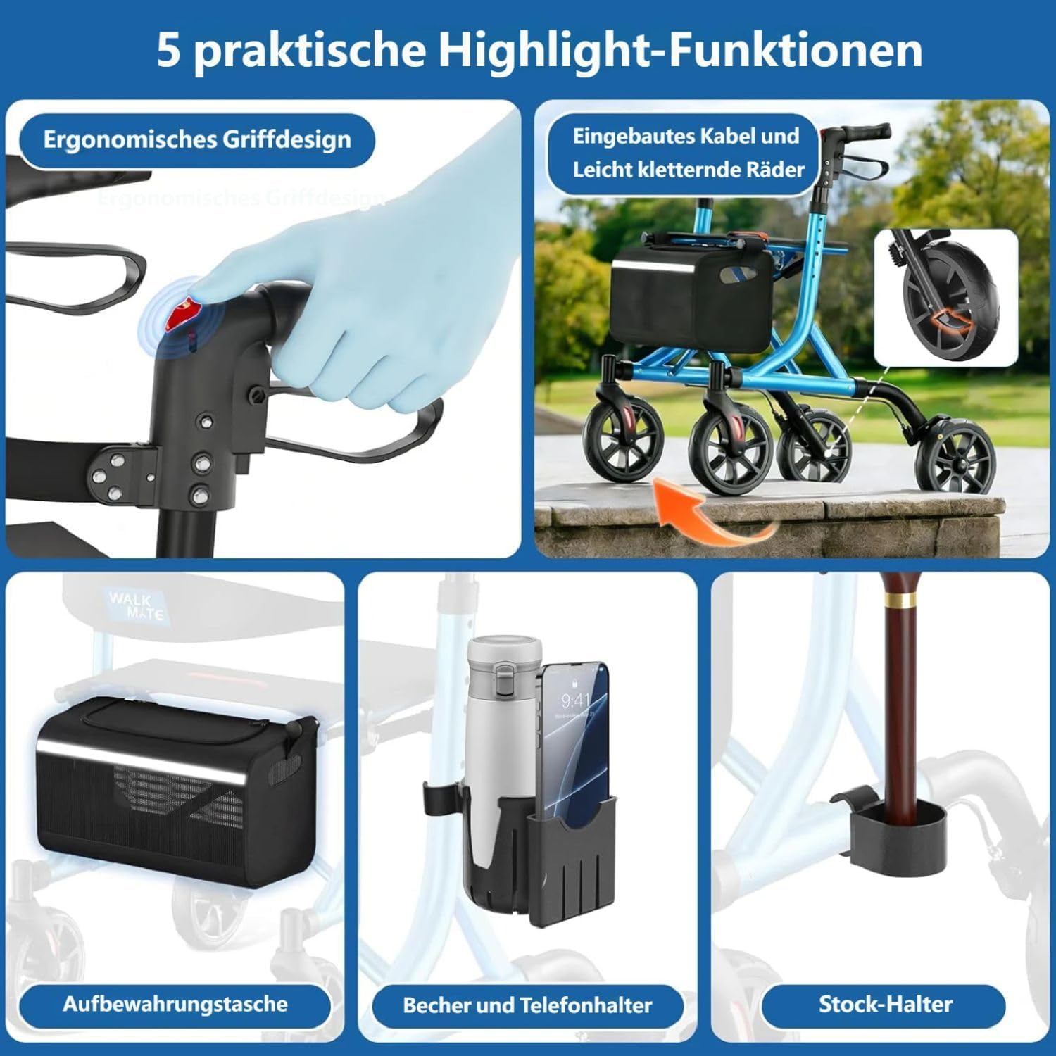 Thumbnail 5 de Walk Mate Rollator – faltbar, leicht mit Sitz, All‑Terrain‑Räder, 6-stufige Höhenverstellung (150–190 cm) und 6,7 kg Gewicht