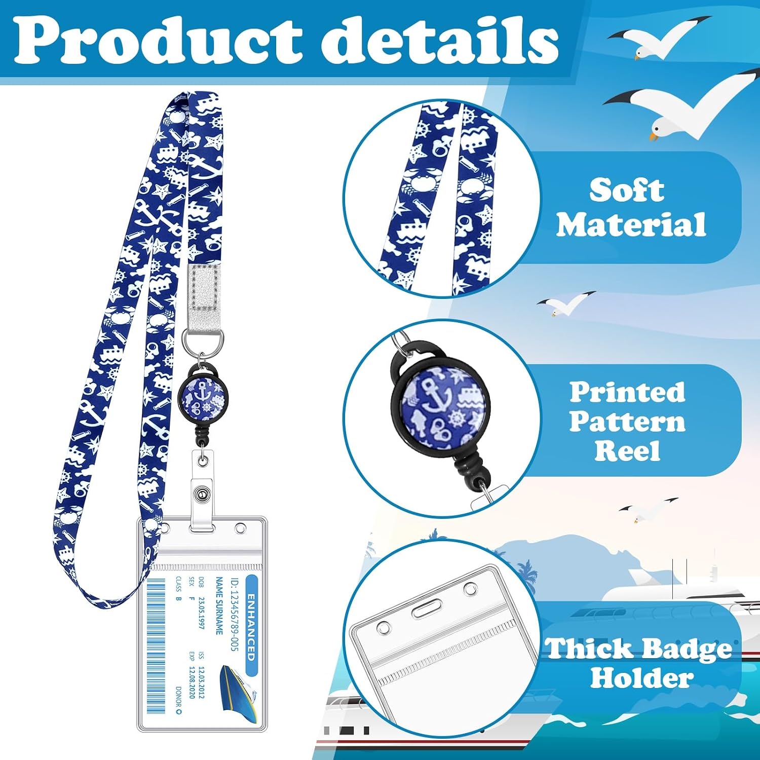 Detalle de HONSIO 4 Classics Cruise Lanyard, 4-Pack with Retractable Reel and Waterproof Card Holders