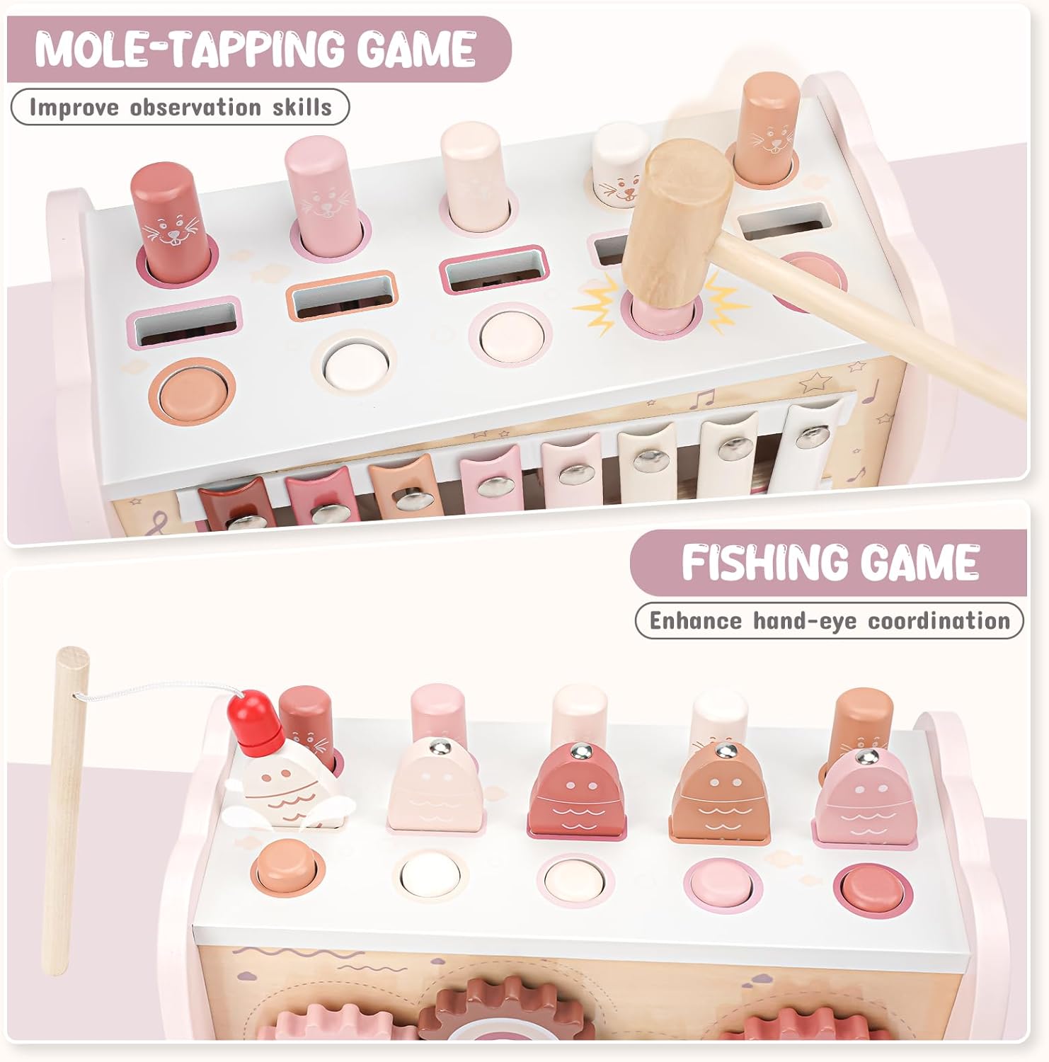 Thumbnail 1 de Joyreal Giochi Montessori 1 Anno – 4 in 1 in legno per bambini: acchiappa la talpa, xilofono e ingranaggi