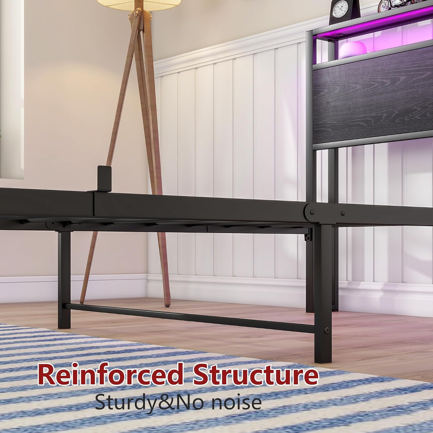 Detalle 2 de HOJINLINERO Telaio per letto 90x200 cm in metallo e legno con scomparti, ricarica USB e LED
