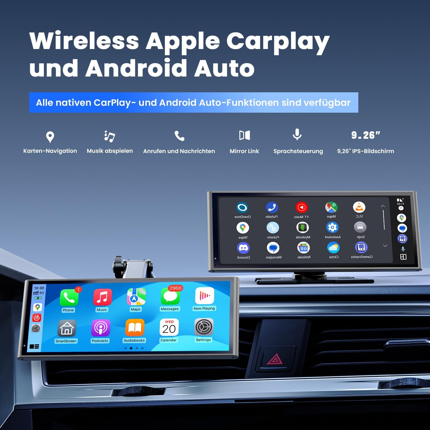 Detalle de Krnua 9,26" CarPlay Display – Drahtloses CarPlay/Android Auto, OTA-Updates, Rückfahrkamera & Navigation