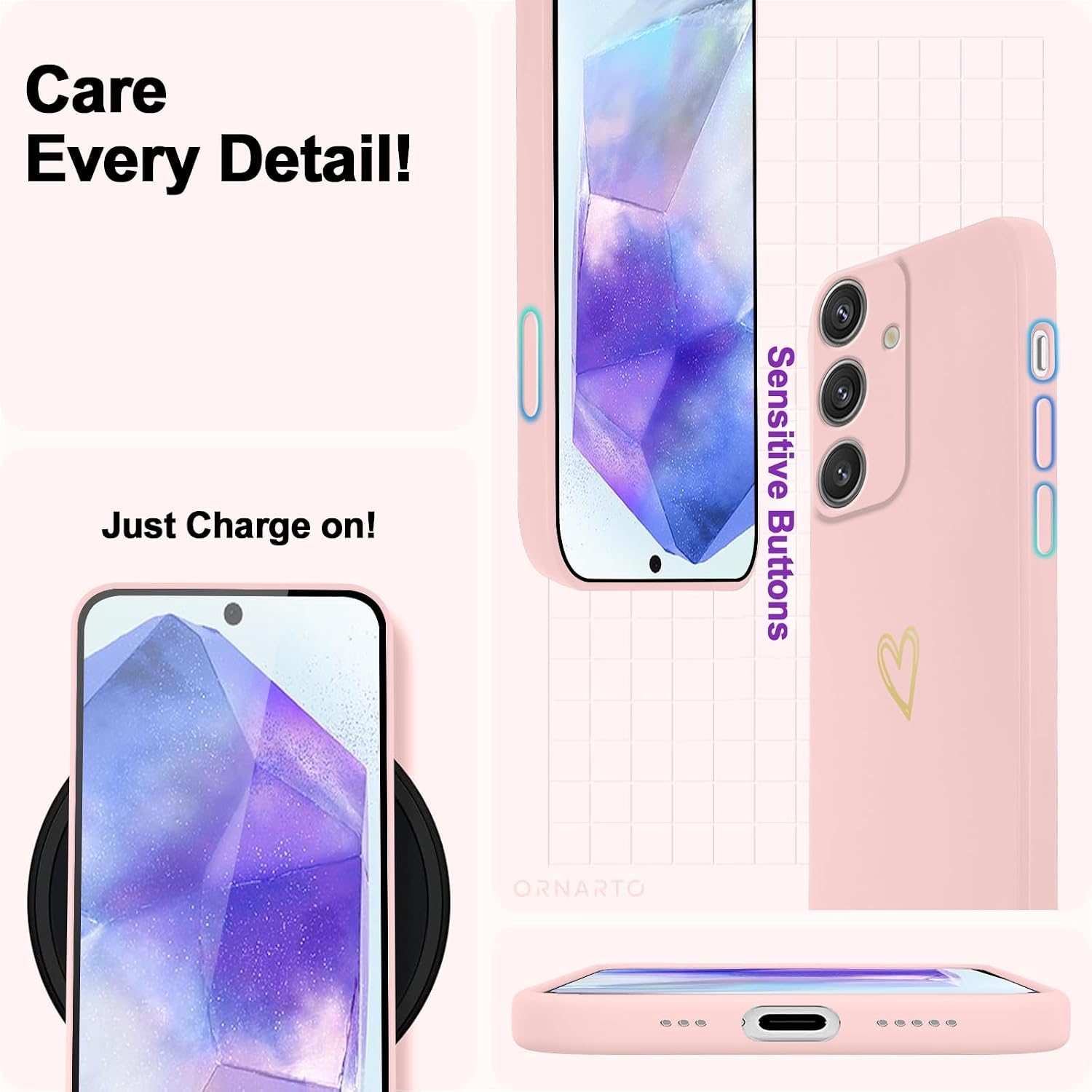 Detalle de Oelrstfe Cover con Cordino per Samsung Galaxy A55 – Custodia silicone morbida con motivo cuore e catenella regolabile