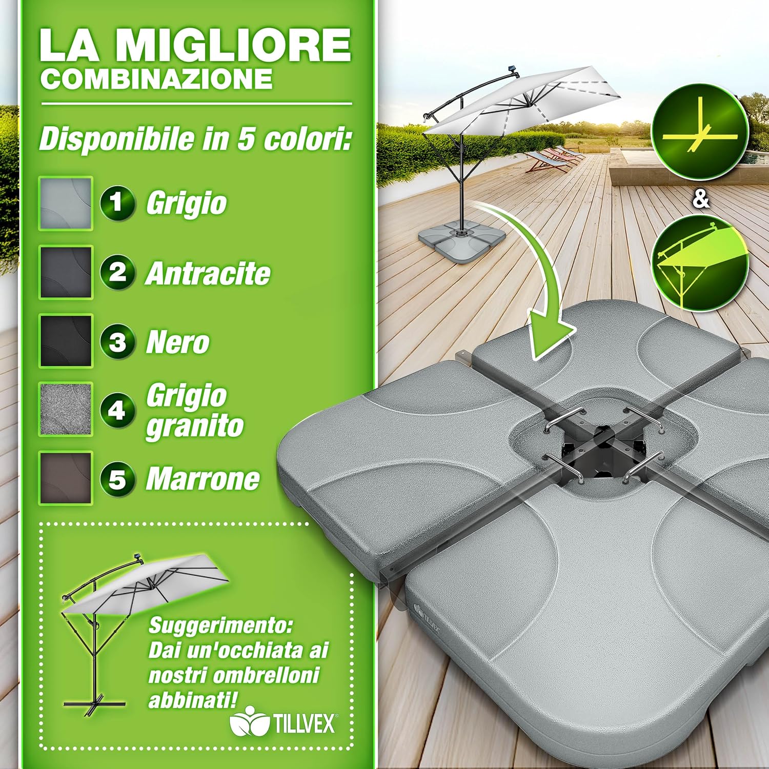 Thumbnail 5 de tillvex Base per Ombrellone decentrato 60 L / 80 kg (4 pezzi) grigio