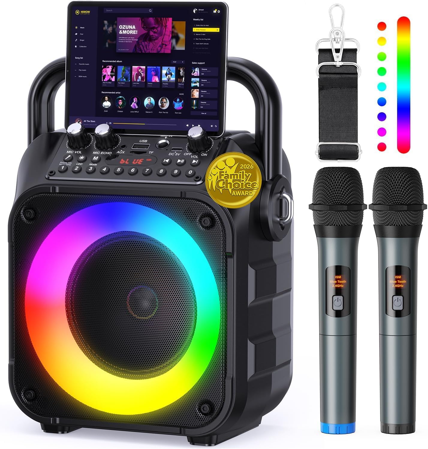 Detalle de voijump K303-N Portable Karaoke Machine with Bluetooth, LED Lights and 2 Wireless Microphones