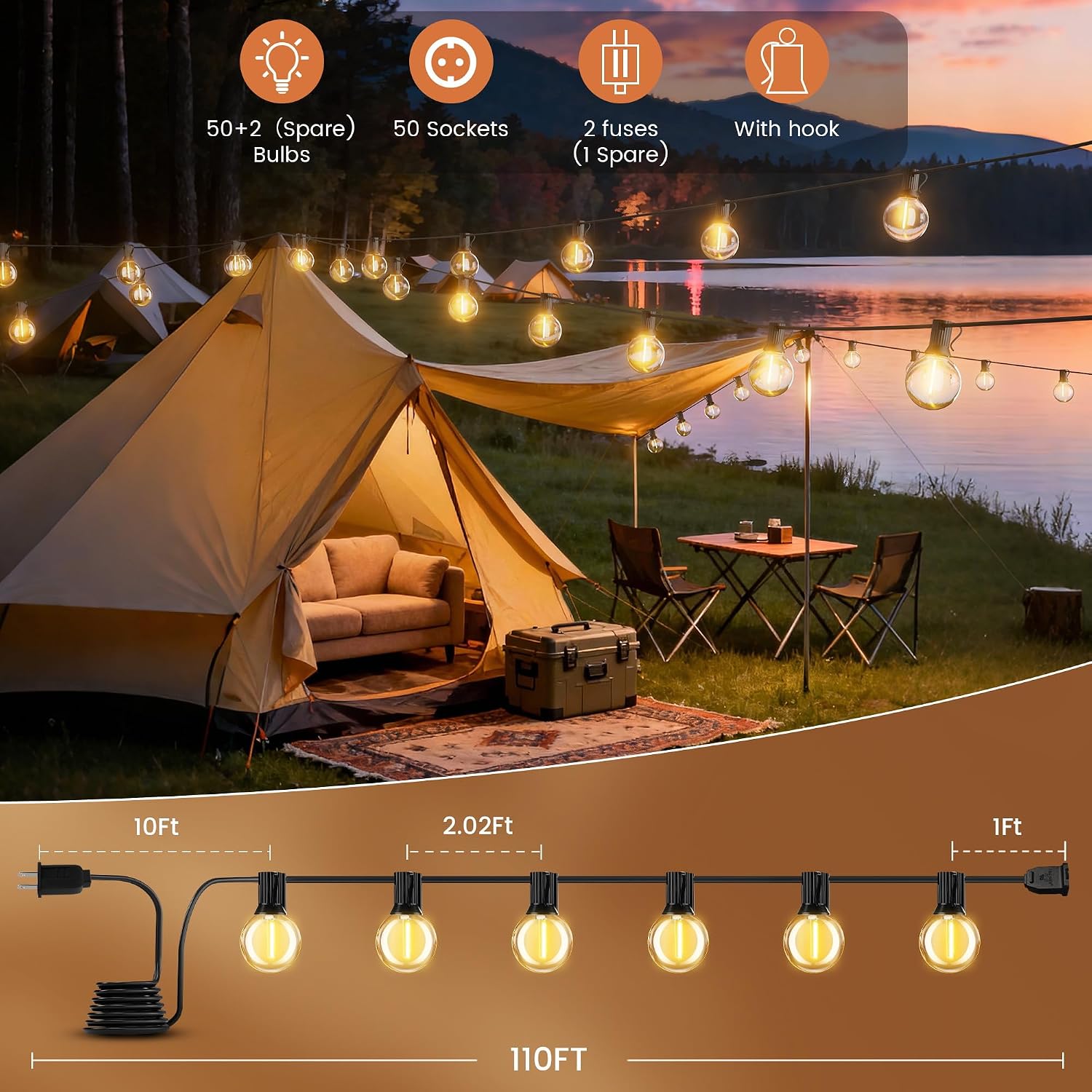 Thumbnail 6 de ALEXPEX AL-AC-G40-100FT-50 Outdoor String Lights, 2200K Dimmable G40 LEDs