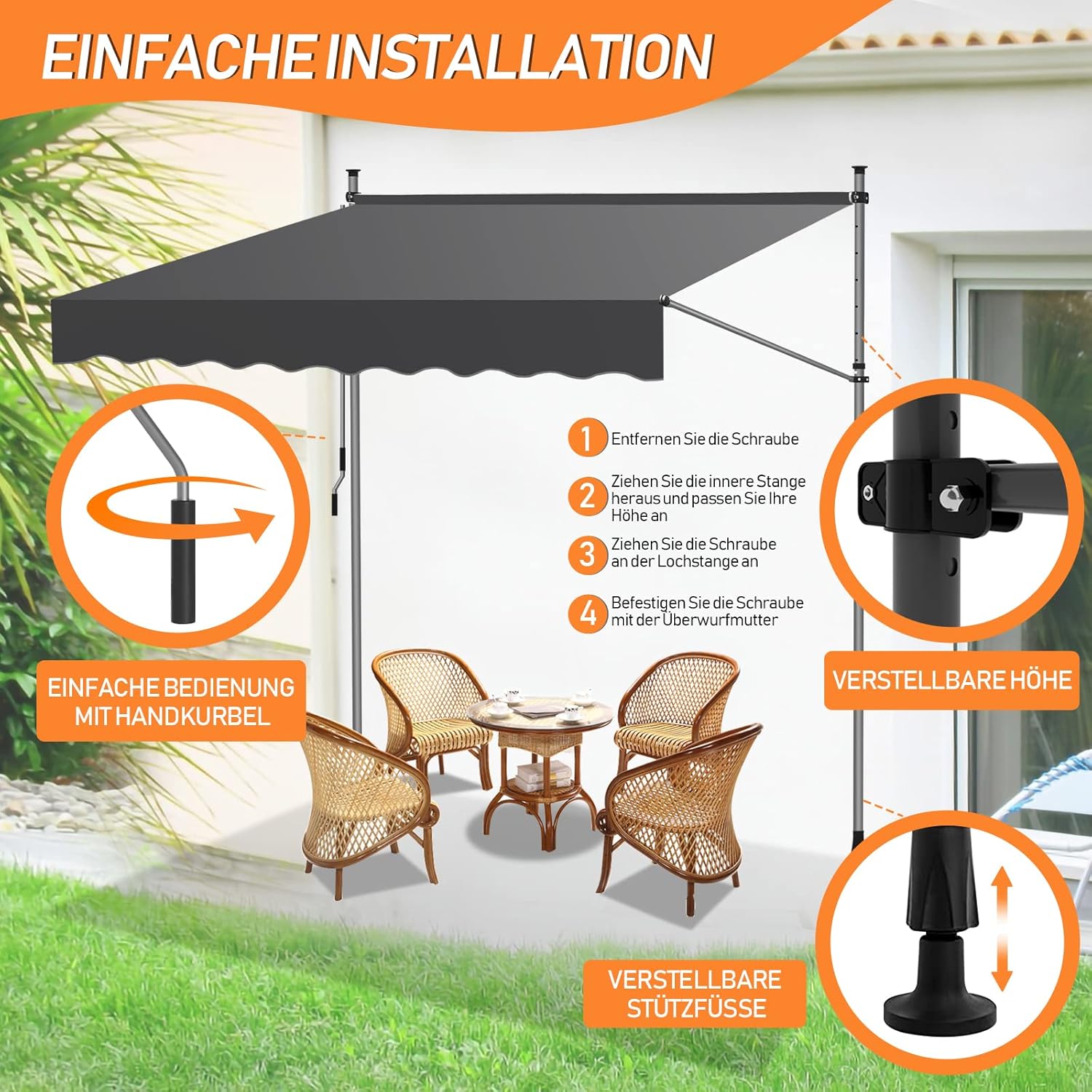 Thumbnail 5 de ISOISL Klemmmarkise 400 cm breit mit Handkurbel – höhenverstellbar, UV-beständig (Grau)