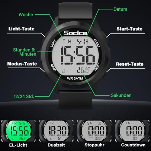 Detalle de SOCICO Herren Digitaluhr 30M – robuster Militär-Style, großes Display, LED-Alarm
