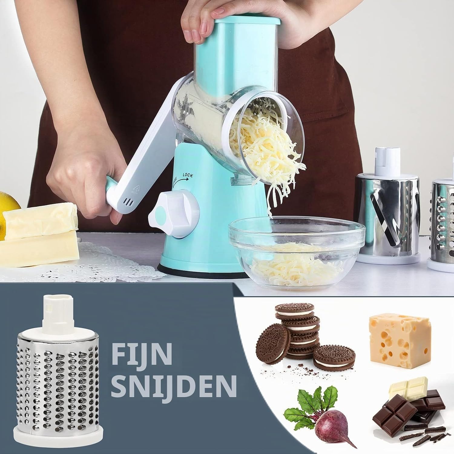 Detalle de Wuciray wu-qsq handmatige groentesnijder met 3 verwisselbare raspcilinders