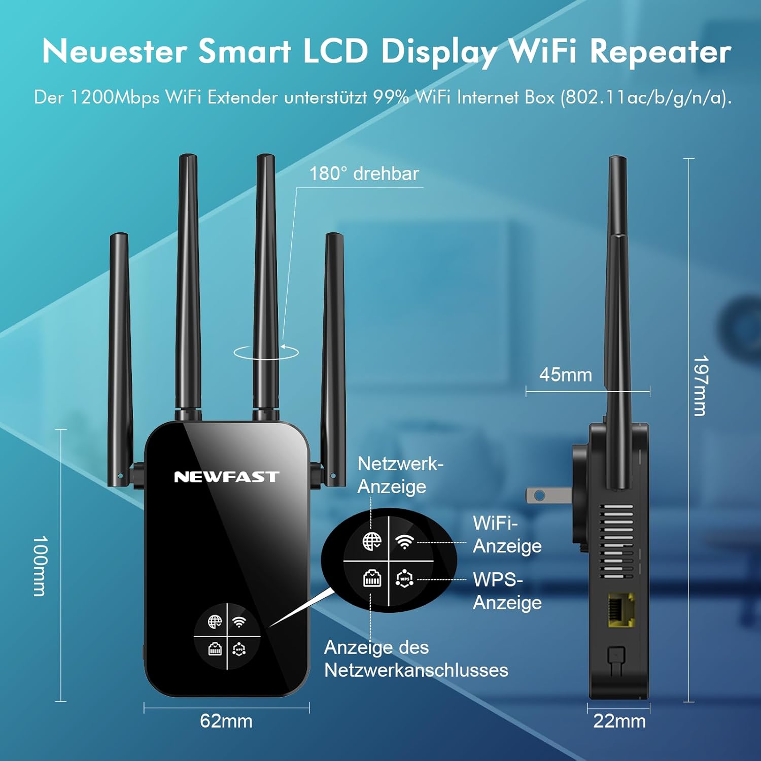 Thumbnail 1 de NEWFAST WLAN Verstärker 1200 Mbps Dual-Band Repeater mit 4 schwenkbaren Antennen und WPS