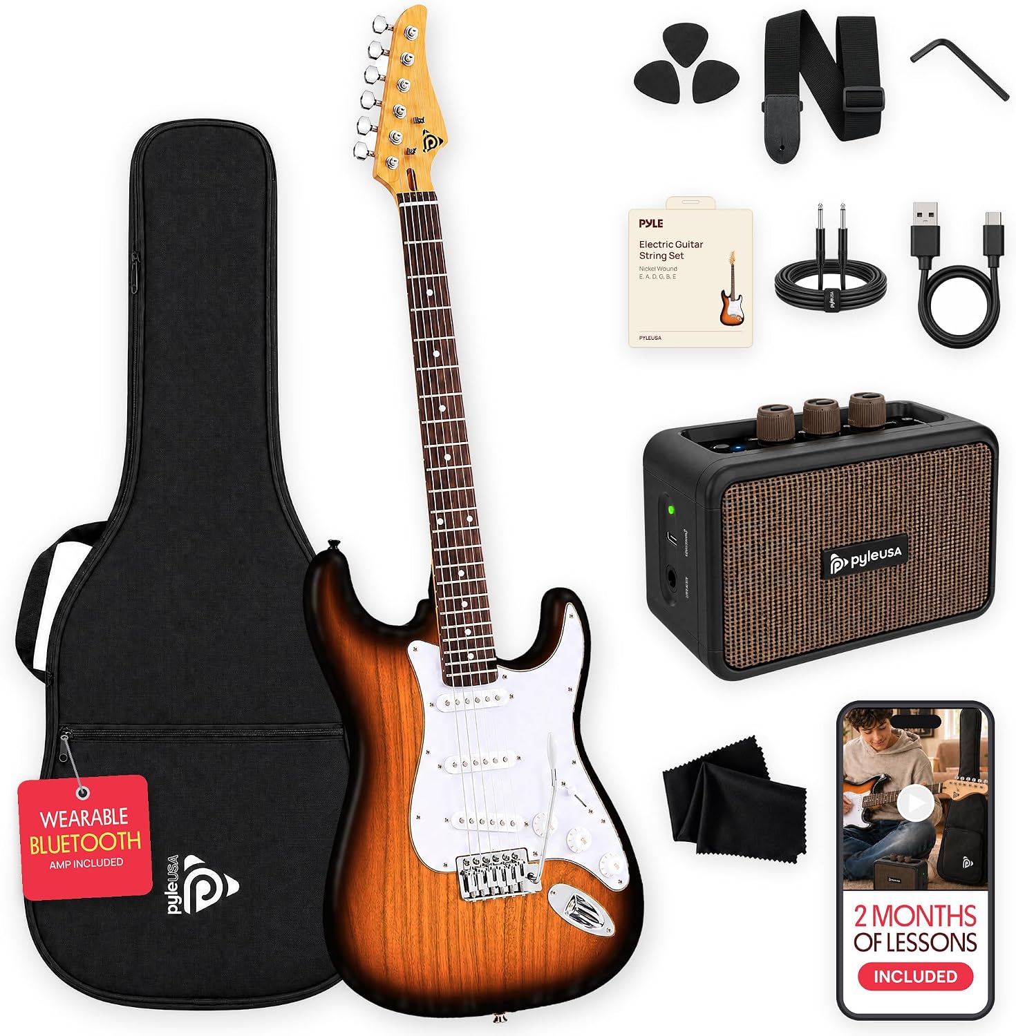 Detalle de Pyle PEGKT400NB Full-Size Electric Guitar Kit, 5W Amp, Natural Burst