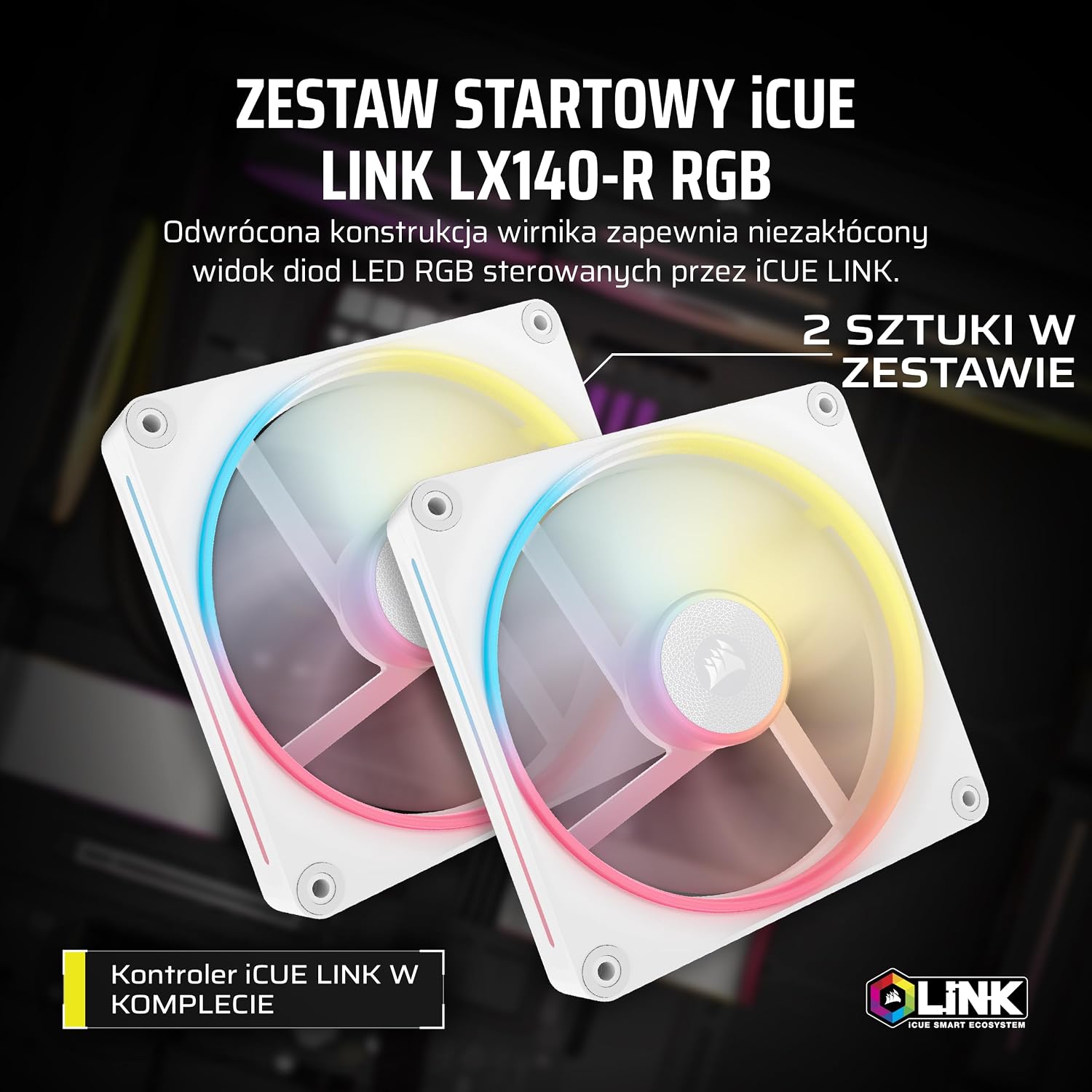 Detalle 2 de CORSAIR iCUE LINK LX140-R CO-9051056-WW – wentylatory 140 mm PWM RGB, odwrócony przepływ, 2 szt.