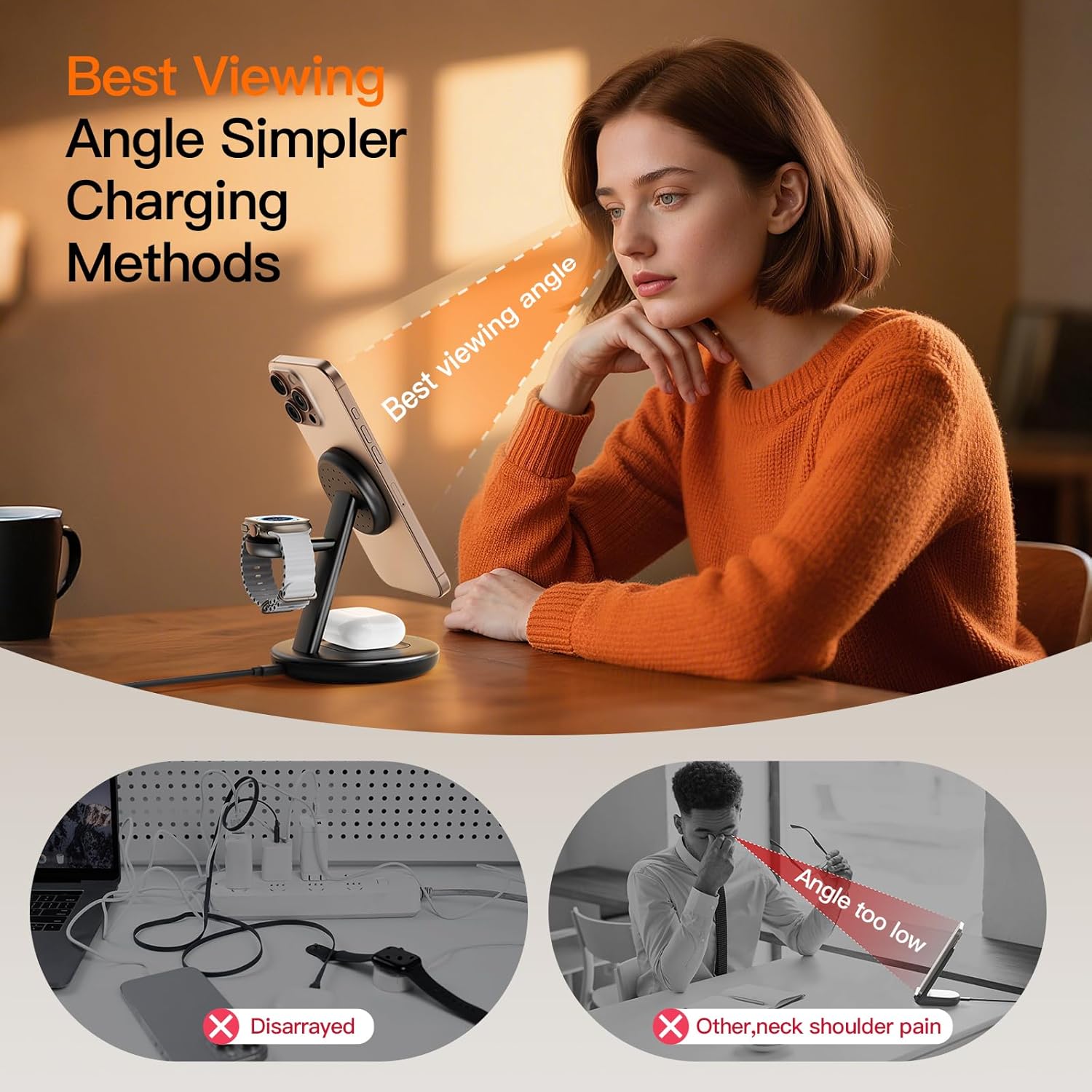 Detalle de LYAOAO 3-in-1 Wireless Charging Station with 15W MagSafe and 5W Apple Watch Support