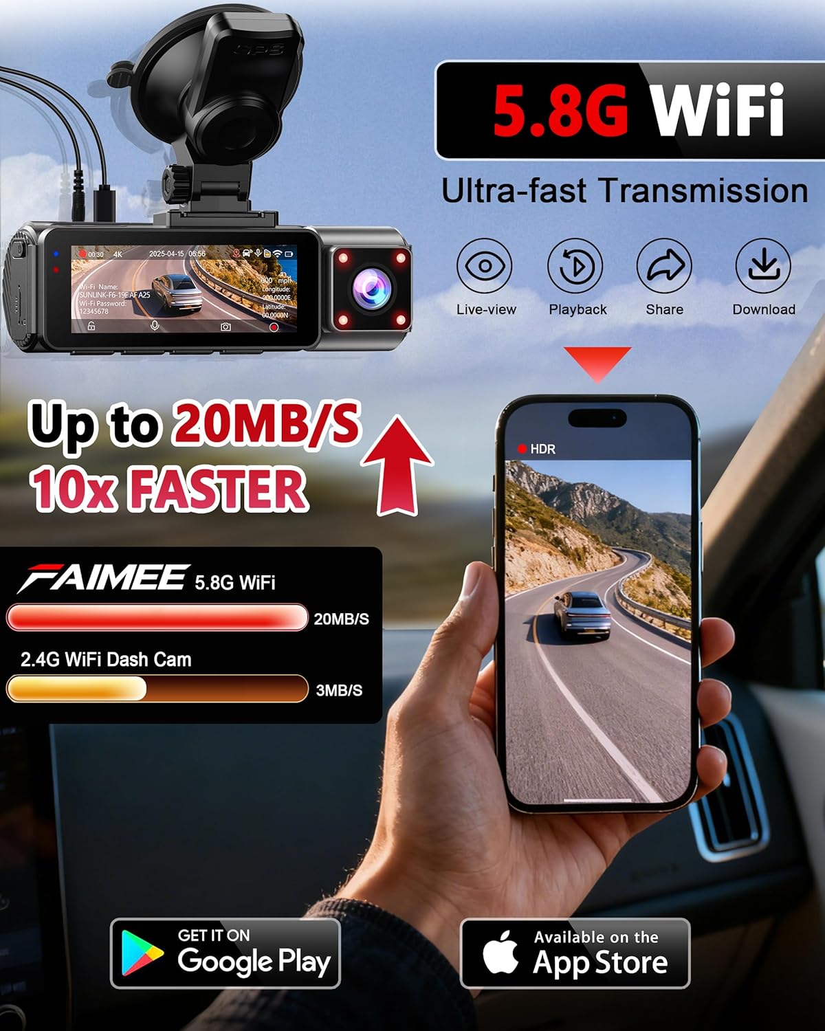 Thumbnail 5 de FAIMEE 4K+2K+2K 3-Channel Dash Cam (Front + Inside + Rear) with 128GB Card, Dual Wi‑Fi, GPS, Night Vision