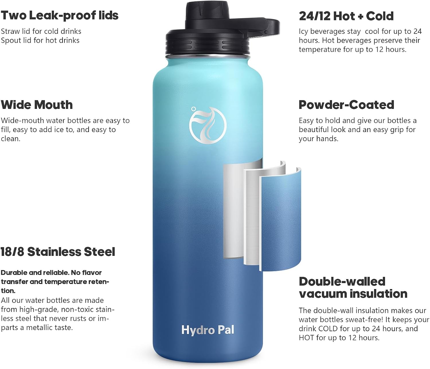 Detalle de HydroPal Vacuum Insulated Water Bottle 1200ml / 1000ml / 750ml / 500ml with 2 Lids (Straw & Spout) – BPA Free Stainless Steel