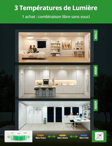 Detalle de HOMEOW Lot de 20 Spot LED Encastrable Extra Plat 5W – 68–80 mm, IP44, Blancs T° 2700/4000/6000K